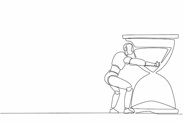 Un solo robot de dibujo continuo abrazando un enorme reloj de arena Robótica moderna Inteligencia artificial