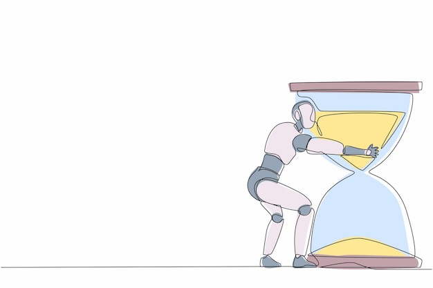 Un solo robot de dibujo continuo abrazando un enorme reloj de arena Robótica moderna Inteligencia artificial