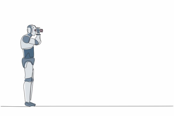 Vector un solo robot de dibujo de una línea buscando oportunidades con binoculares en la ilustración vectorial de la mano