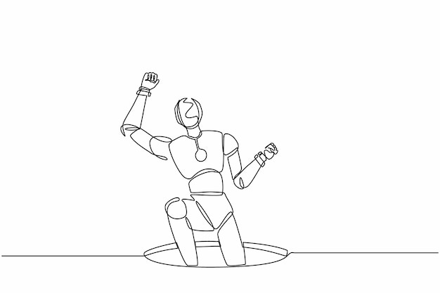 Vector un solo robot de dibujo de línea continua cayó en la alcantarilla subterránea ilustración vectorial de diseño de alcantarillado