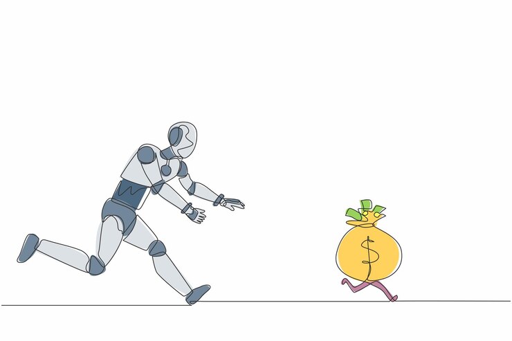 Vector un solo robot de dibujo de línea continua escribiendo con una computadora portátil en una hamaca atado a un árbol de dinero con una moneda de dólar