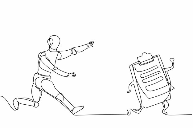 Un solo robot de dibujo de línea continua persiguiendo el portapapeles Operación de la máquina de documentos de lista de comprobación