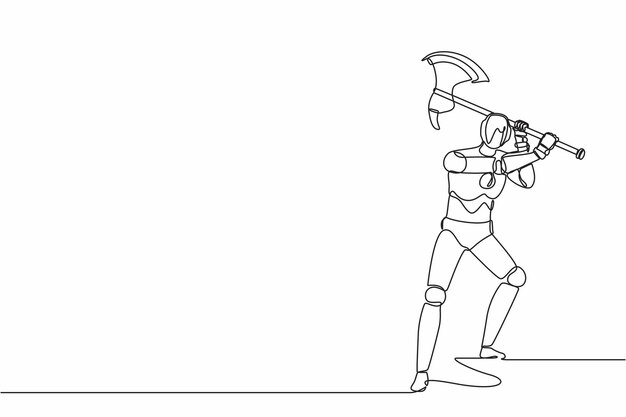 Un solo robot de dibujo de línea continua de pie y balanceando gran hacha Robótica inteligencia artificial