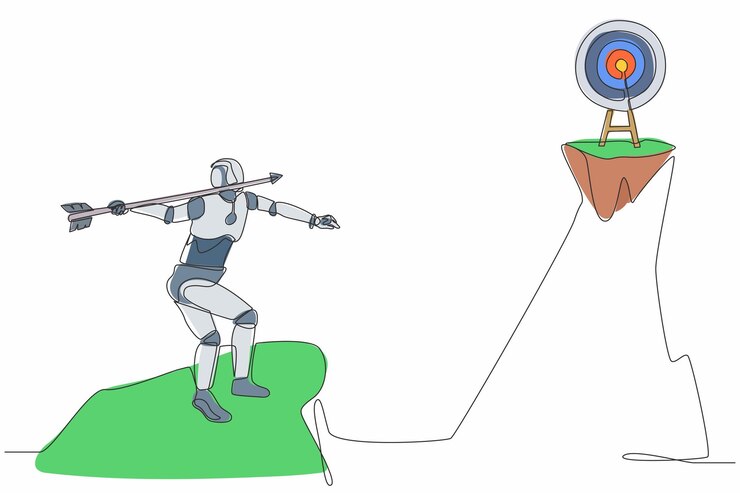 Vector un solo robot de dibujo de línea continua de pie en la cima de un acantilado apuntando la flecha al vector del dartboard