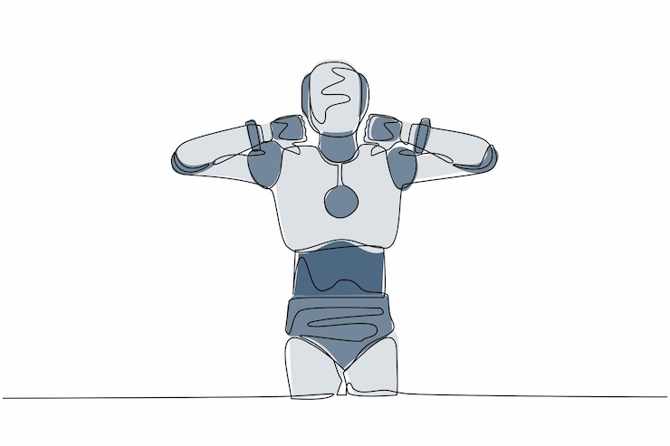 Vector un solo robot de dibujo de línea continua de pie con el pulgar hacia abajo gesto de señal de decepción sin acuerdo