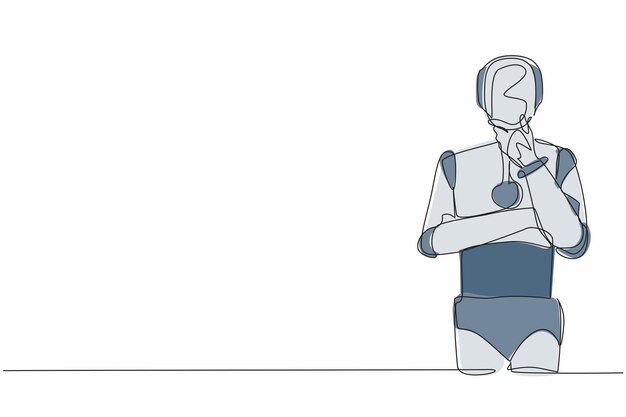 Un solo robot de dibujo de línea continua en postura reflexiva sosteniendo el mentón pensando en el vector de diseño