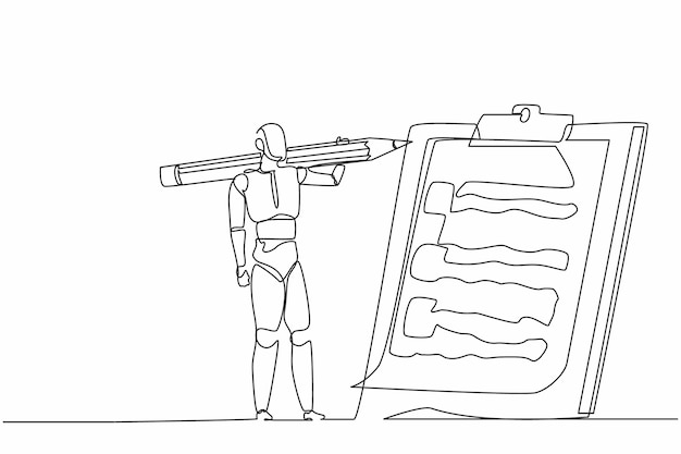 Un solo robot de dibujo de línea continua que lleva un lápiz grande y busca el vector de diseño del portapapeles