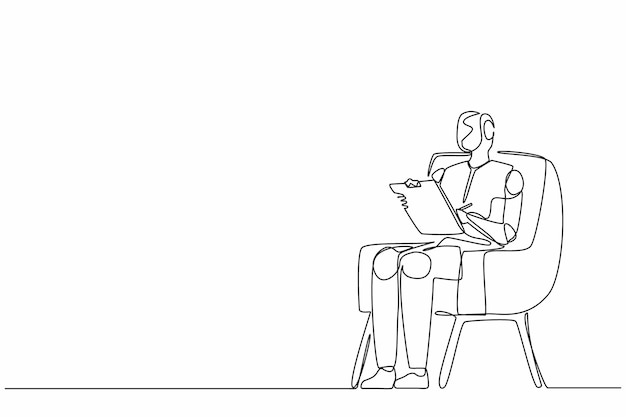 Un solo robot de dibujo de línea continua sentado en una silla y escribiendo en el clipboard vector de diseño gráfico