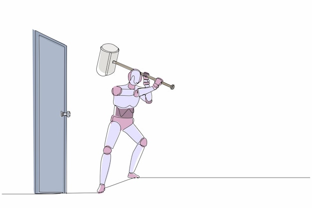 Un solo robot de dibujo de línea continua sosteniendo un gran martillo para destruir la puerta vector de diseño gráfico