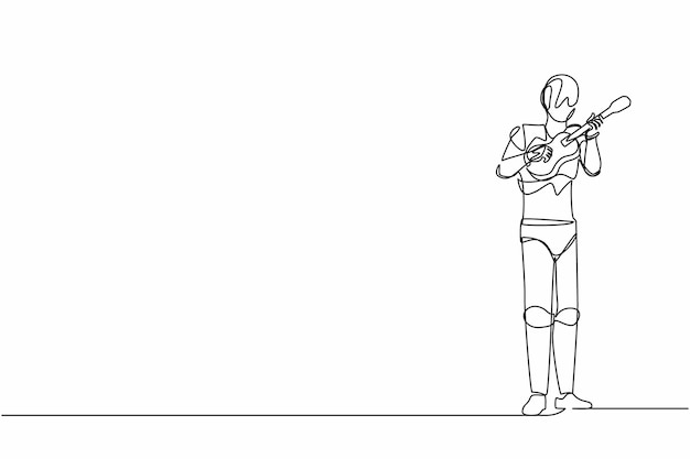 Un solo robot de dibujo de línea continua tocando el ukulele o la guitarra pequeña y cantando divirtiéndose