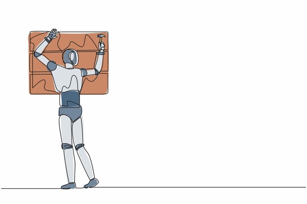 Un solo robot de dibujo de línea continua trabajador profesional martillando clavos en madera ilustración vectorial