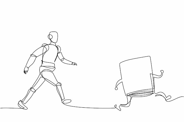Un solo robot de dibujo de una línea corre persiguiendo el libro de texto para el aprendizaje de la ilustración de diseño de aspiración