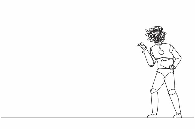 Un solo robot de dibujo de una línea con garabates redondos en lugar de una cabeza en conflicto lucha agresiva