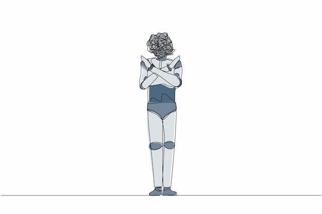Un solo robot de dibujo de una línea con garabates redondos en lugar de la cabeza de pie con los brazos cruzados