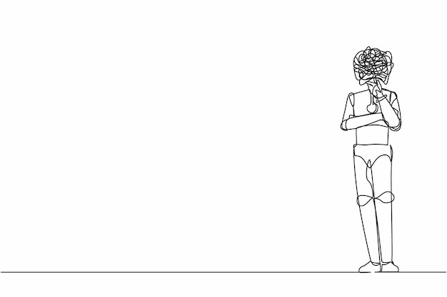 Un solo robot de dibujo de una línea con garabates redondos en lugar de la cabeza de pie sosteniendo el mentón pensando