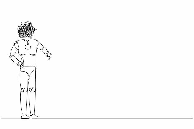 Un solo robot de dibujo de una línea con garabates redondos en lugar de cabeza sufre de dolor de cabeza vector de carga de trabajo
