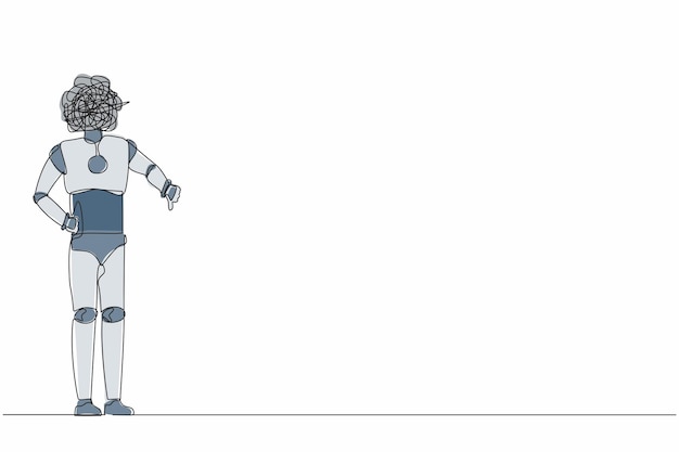 Un solo robot de dibujo de una línea con garabates redondos en lugar de cabeza sufre de dolor de cabeza vector de carga de trabajo