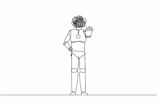 Un solo robot de dibujo de una línea con garabates redondos en lugar de un vector de diseño de postura de cabeza de pie