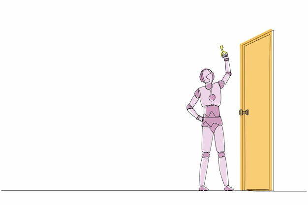 Un solo robot de dibujo de una línea levanta la llave delante de la puerta Desarrollo tecnológico futuro