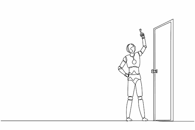 Un solo robot de dibujo de una línea levanta la llave delante de la puerta Desarrollo tecnológico futuro