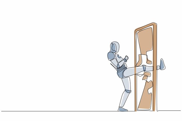 Un solo robot de dibujo de una línea pateando una puerta cerrada y destruyendo la ilustración de la tecnología futura