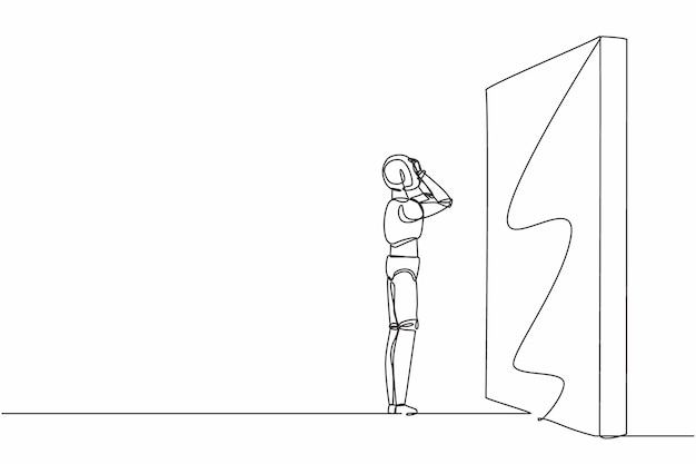 Un solo robot de dibujo de una línea de pie y confundido frente a una enorme ilustración de barrera de pared de ladrillo