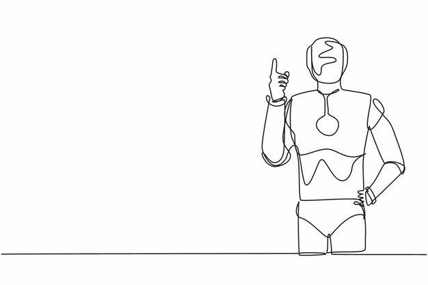 Un solo robot de dibujo de una línea de pie con el dedo índice hacia arriba gesto emoción y lenguaje corporal
