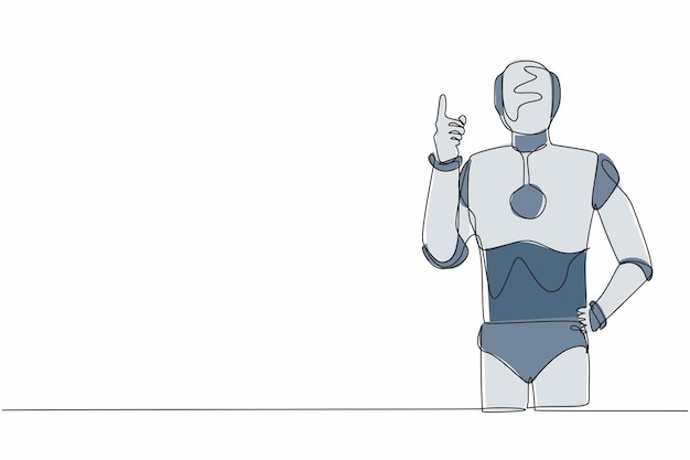Un solo robot de dibujo de una línea de pie con el dedo índice hacia arriba gesto emoción y lenguaje corporal