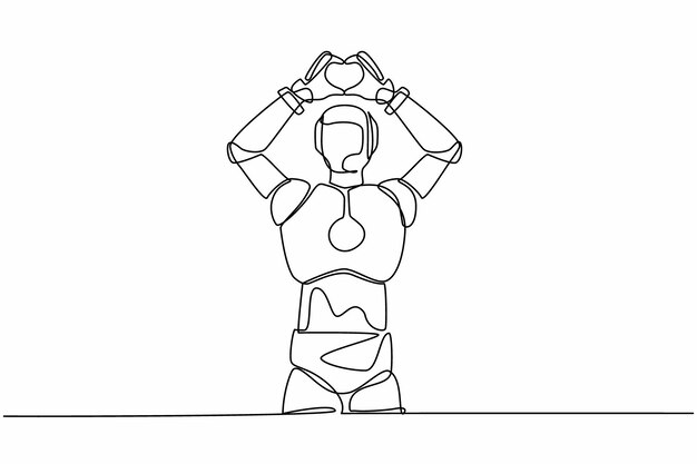 Un solo robot de dibujo de una línea de pie con señal de amor o símbolo de corazón con los dedos sobre la cabeza