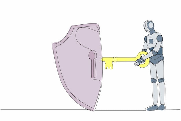 Un solo robot de dibujo de una línea puso la llave en el escudo vector de diseño de seguridad y protección de Internet