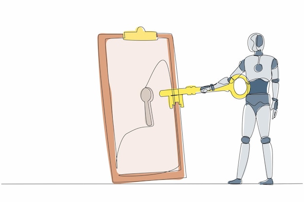 Un solo robot de dibujo de una línea puso una llave grande en el portapapeles documento digital o contrato para seguridad