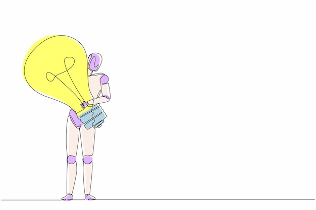 Un solo robot de dibujo de una línea que lleva una gran bombilla pesada Ilustración vectorial de tecnología futura