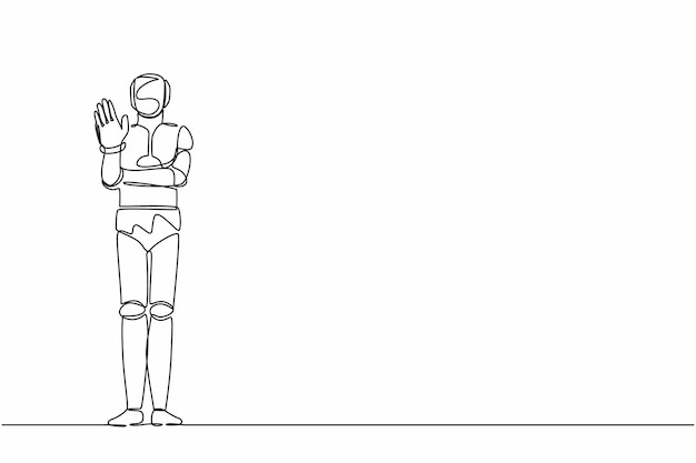 Un solo robot de dibujo de una línea que muestra la palma como un signo de parada, permanencia, retención o gesto de rechazo