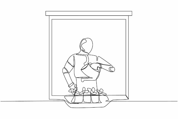 Un solo robot de dibujo de una línea regando flores en el balcón Plantas de casa de jardín verde