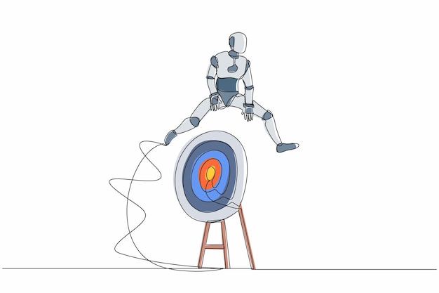 Un solo robot de dibujo de una línea saltando en un gran tiro con arco objetivo objetivo objetivo logro objetivos
