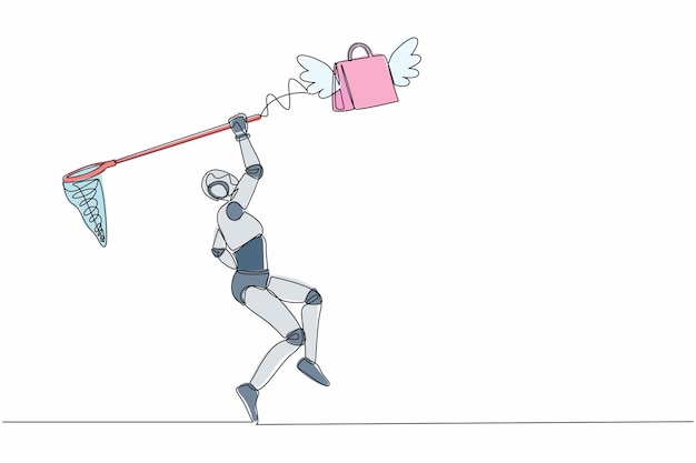 Un solo robot de dibujo de una línea trata de atrapar una bolsa de compras voladora con un vector de diseño de red de mariposa