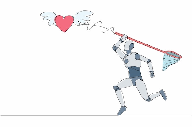 Un solo robot de dibujo de una línea trata de atrapar el corazón volador con el vector de relación de la red de mariposas