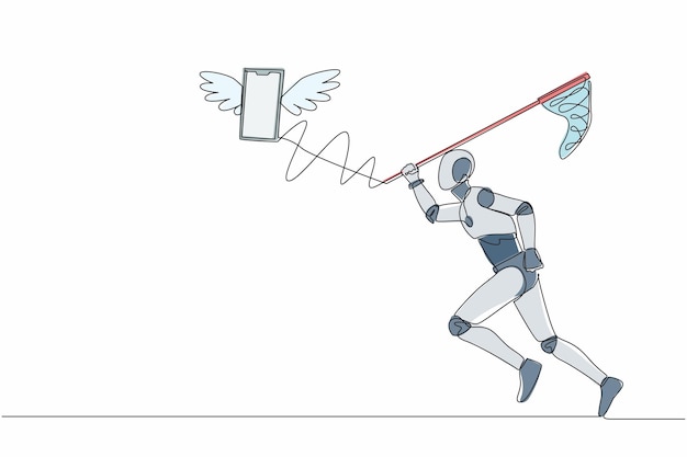 Un solo robot de dibujo de una línea trata de atrapar un teléfono inteligente volador con una mariposa que habla de comunicación