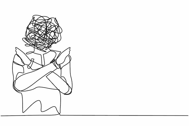 Un solo robot de dibujo de líneas continuas con garabates redondos en lugar de un vector de manos cruzadas hacia adelante