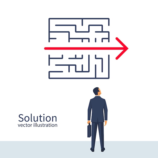 Solución creativa de problemas. El empresario de pie sobre la pared encontró la salida del laberinto. Concepto de negocio. Modo de elección. Diseño plano de ilustración vectorial. Aislado en el fondo. Consiguiendo el objetivo.