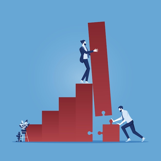 Solución empresarial y concepto de asociación para hombres que se unen para completar el gráfico de rompecabezas