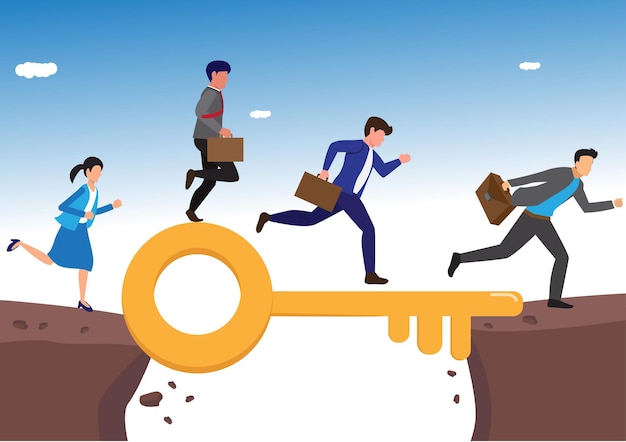 Solución de éxito clave para resolver el problema y superar el enlace de obstáculos o conectar el puente para ayudar a lograr el método de resolución de éxito o resolver el concepto de personas de negocios que caminan sobre el éxito clave para cruzar la brecha