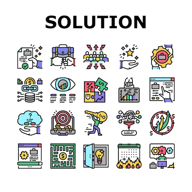 Solución Negocio Problema Tarea Iconos Set Vector
