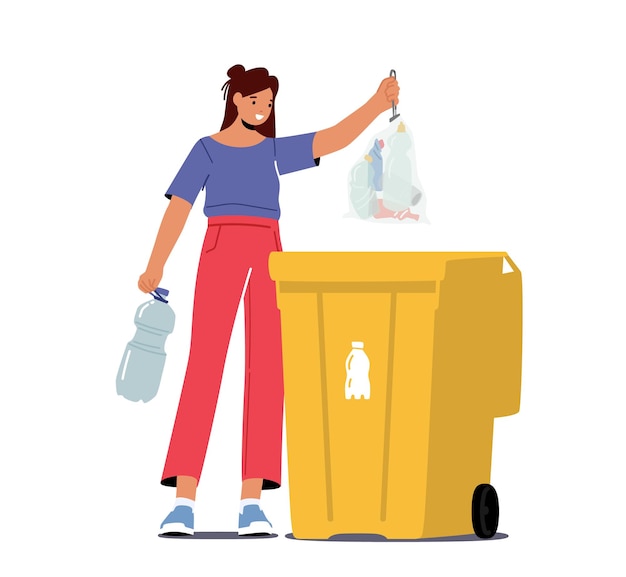 Vector solución de reciclaje de reutilización de plástico personaje femenino tirar basura en la papelera con cartel de botella mujer ecoactivista