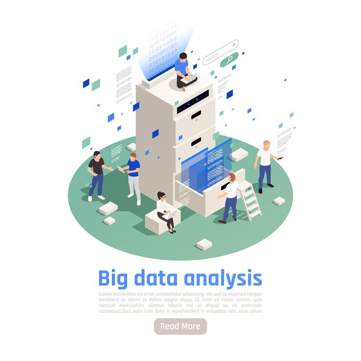 Vector soluciones de almacenamiento de datos grandes, análisis, tecnología moderna, composición isométrica circular con análisis y procesamiento interactivos