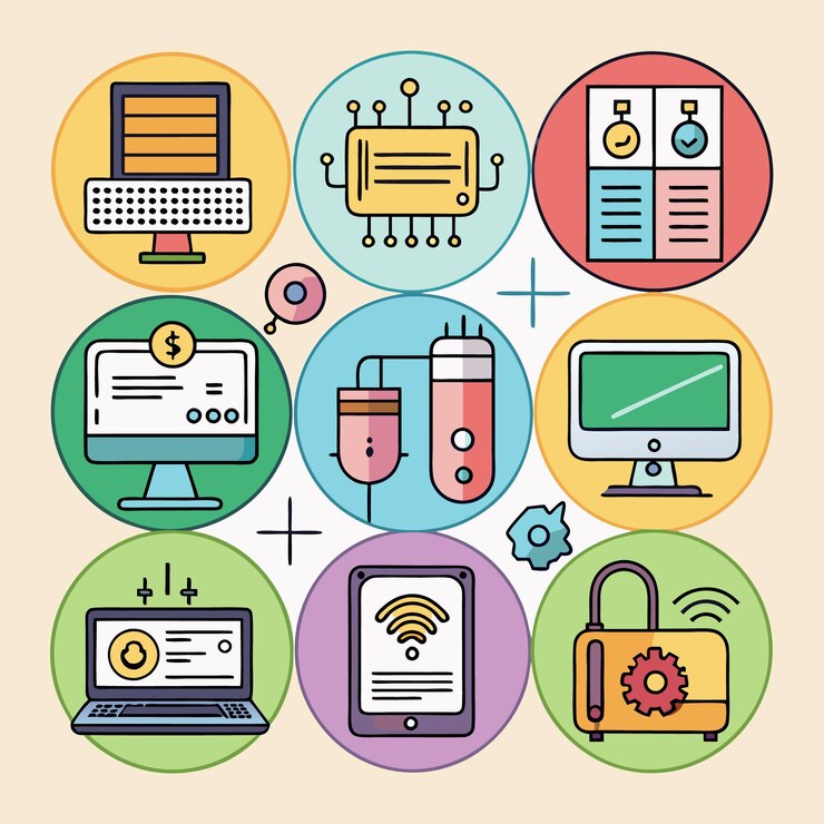 Vector soluciones integrales de ti iconos computación en la nube análisis de datos y ciberseguridad