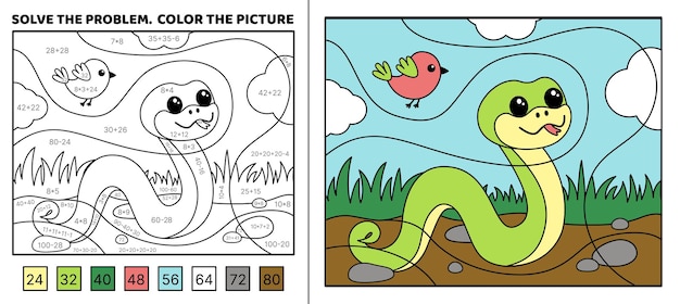 Solve the problem Funny snake is crawling in the grass Color the picture Coloring book Cartoon