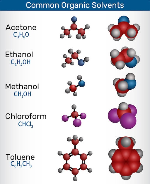 Solventes orgánicos comunes acetona etanol metanol cloroformo y tolueno Vector