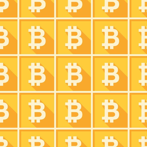 Sombra larga de Bitcoin iconos cuadrados blancos en fondo a cuadros amarillos patrón sin costuras vectorial