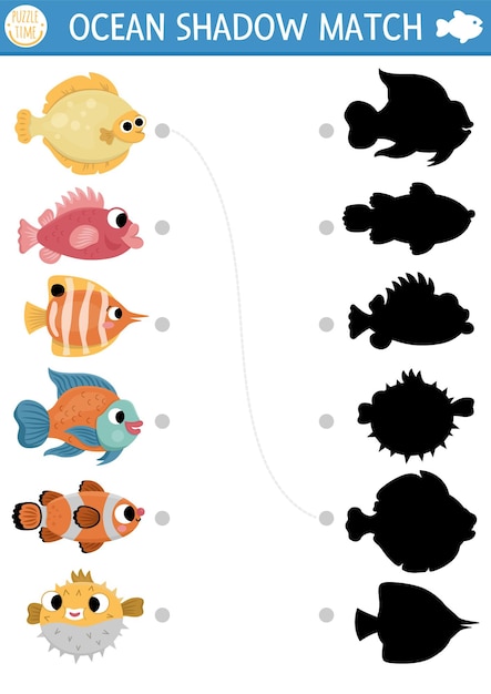 Bajo la sombra del mar actividad de emparejamiento con peces rompecabezas del océano con lindo flounder bass clownfish blowfish Encuentra la silueta correcta hoja de trabajo o juego imprimible de animales acuáticos página para niñosxA